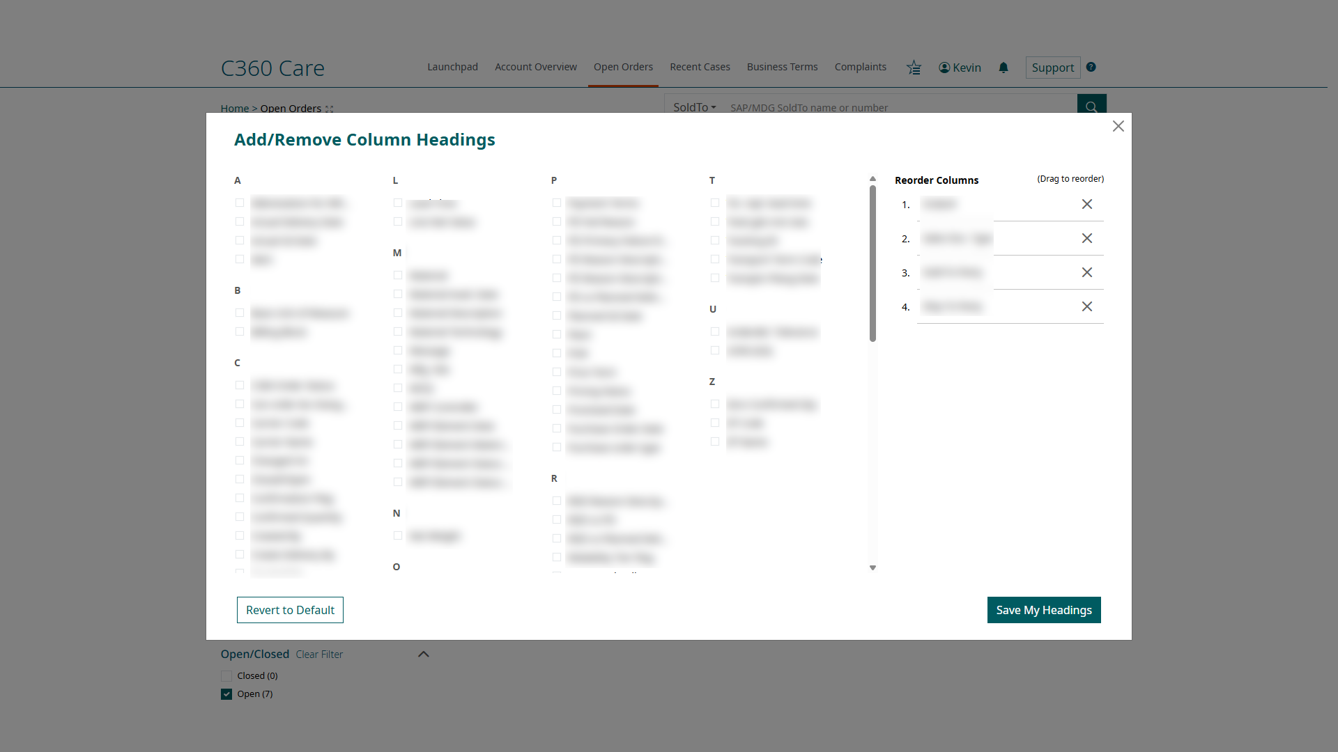Add/remove column headings